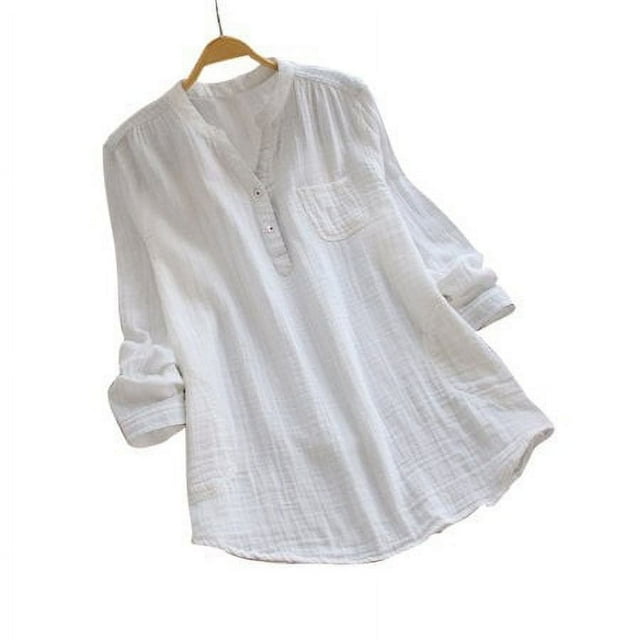 Blusa holgada de manga larga con botones y cuello en V para mujer, talla grande, color blanco, talla 5XL