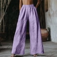 thumbnail image 2 of Outfmvch Womens Linen Pants Drawstring Elastic Waist Vacation Beach Trousers Baggy Straight Leg Long Lounge Travel Pants Wide Leg Linen Pants Beach Linen Trousers Drawstring Pants Women Purple S-3XL, 2 of 4