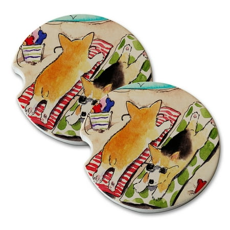 - KuzmarK Sandstone Car Drink Coaster (set of 2) - Beach Corgis Welsh Corgi Dog Art by Denise Every