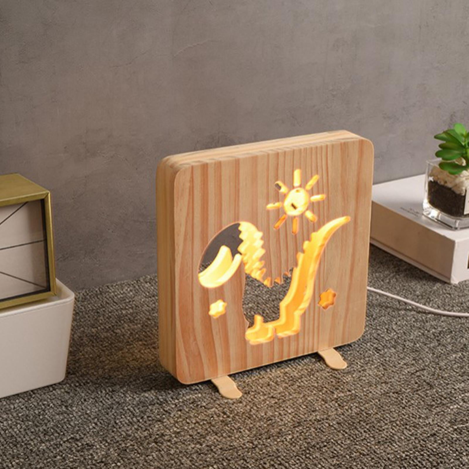 Creative 3D Amal Wooden ght Light, Hollow Dinosaur and table lamp with USB, Home Bedroom Decor ghtlight Bedside Lamp