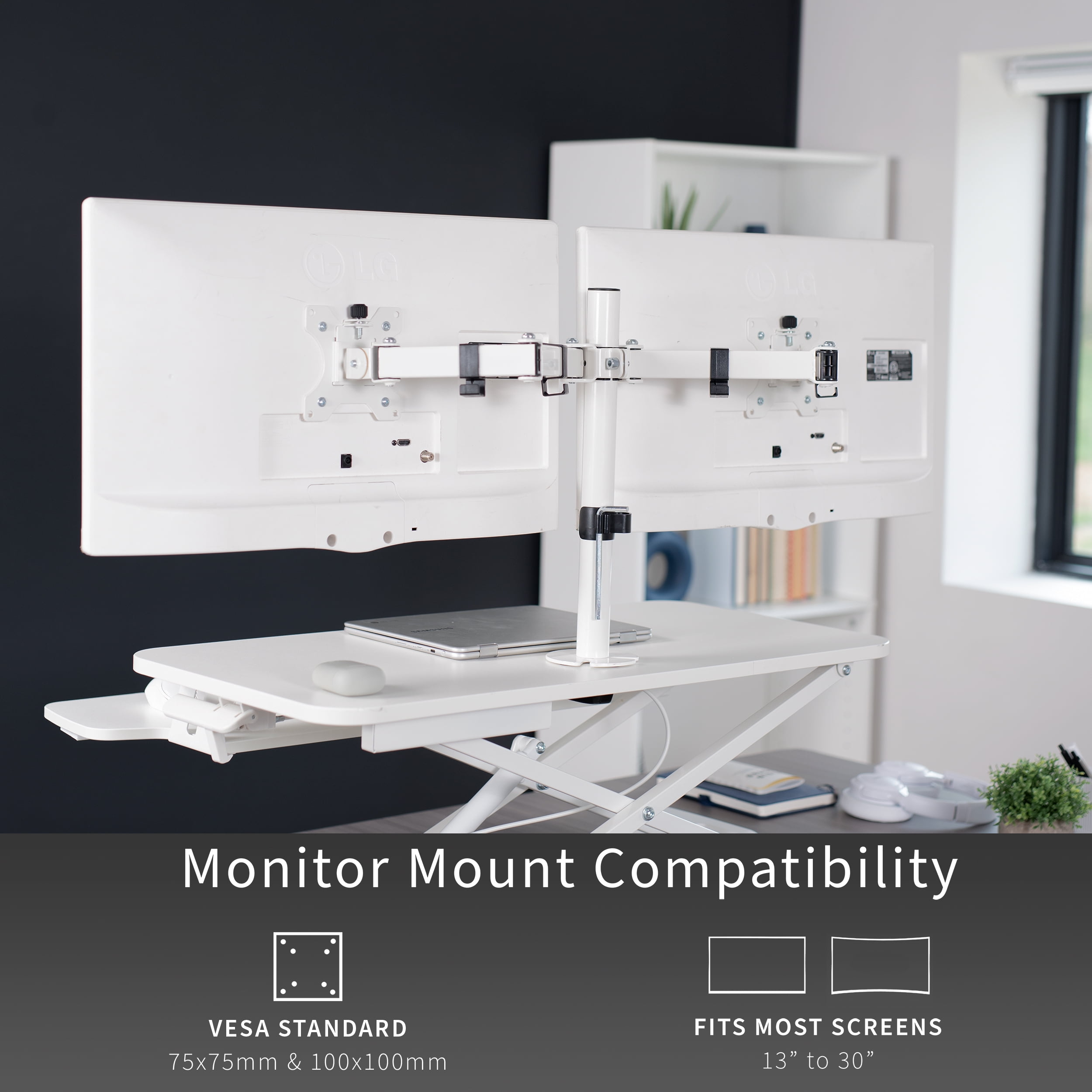 VIVO White 32" Standing Desk Riser with Adjustable Dual 13" to 30" Monitor Mount