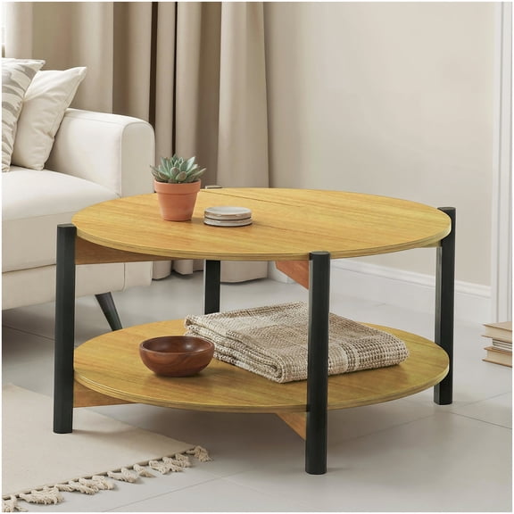 Round Open Shelf Coffee Table for Primary Living Space Oak Finish Engineered Wood Construction 34.4 x 34.4 x 16.9 Inches Transitional Style