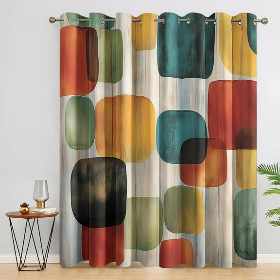 Colorful Geometric Curtains For Living Room, Mid Century Modern Blackout Curtains For Bedroom - Abstract Square Decor Window Curtains, Grommet Drapes 38"W x 54"L (Pack of 2)