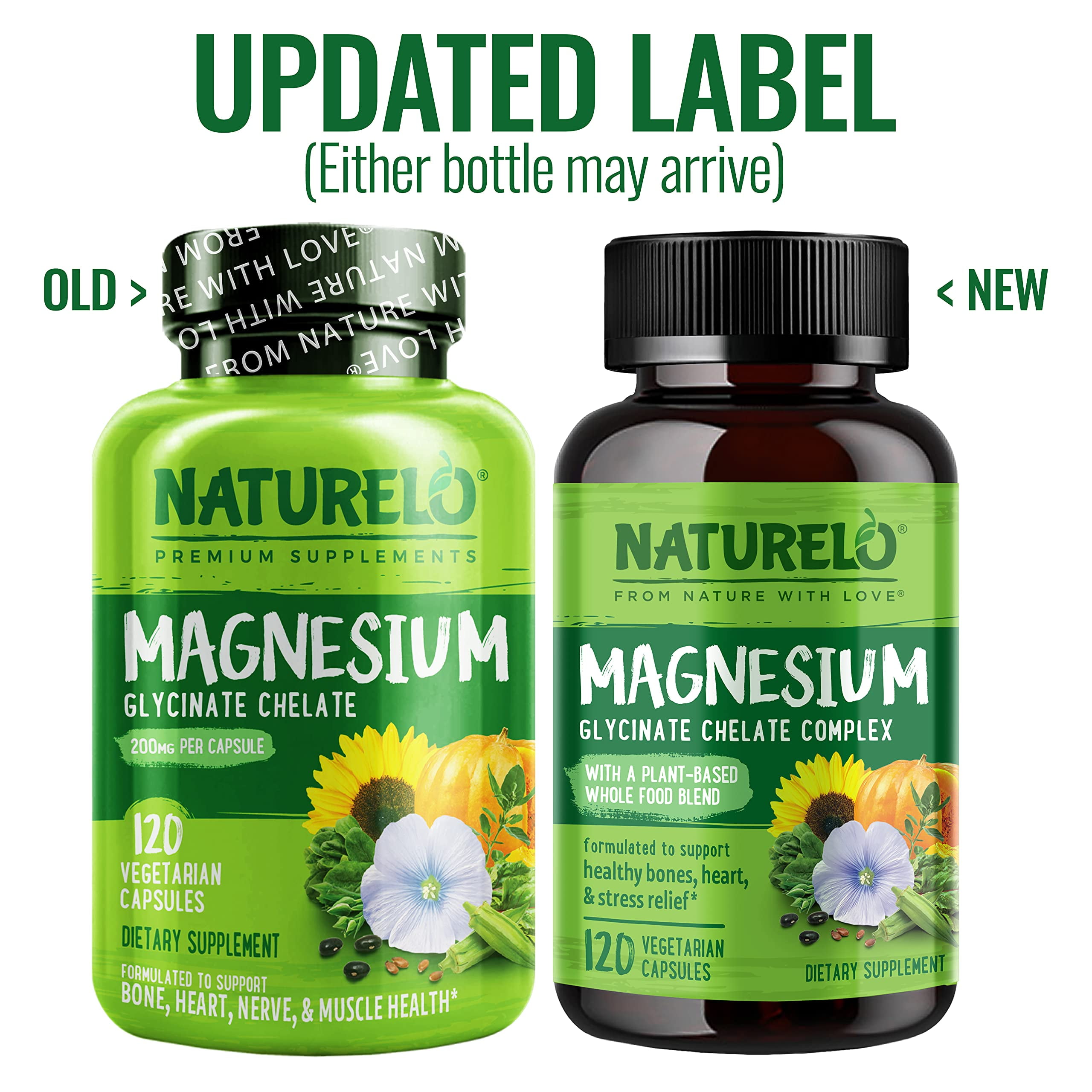 NATURELO Magnesium Glycinate Chelate Complex - 200 mg Magnesium with Organic Vegetables to Support Sleep, Calm, Muscle Cramp & Stress Relief - Gluten Free, Non GMO - 120 Capsules