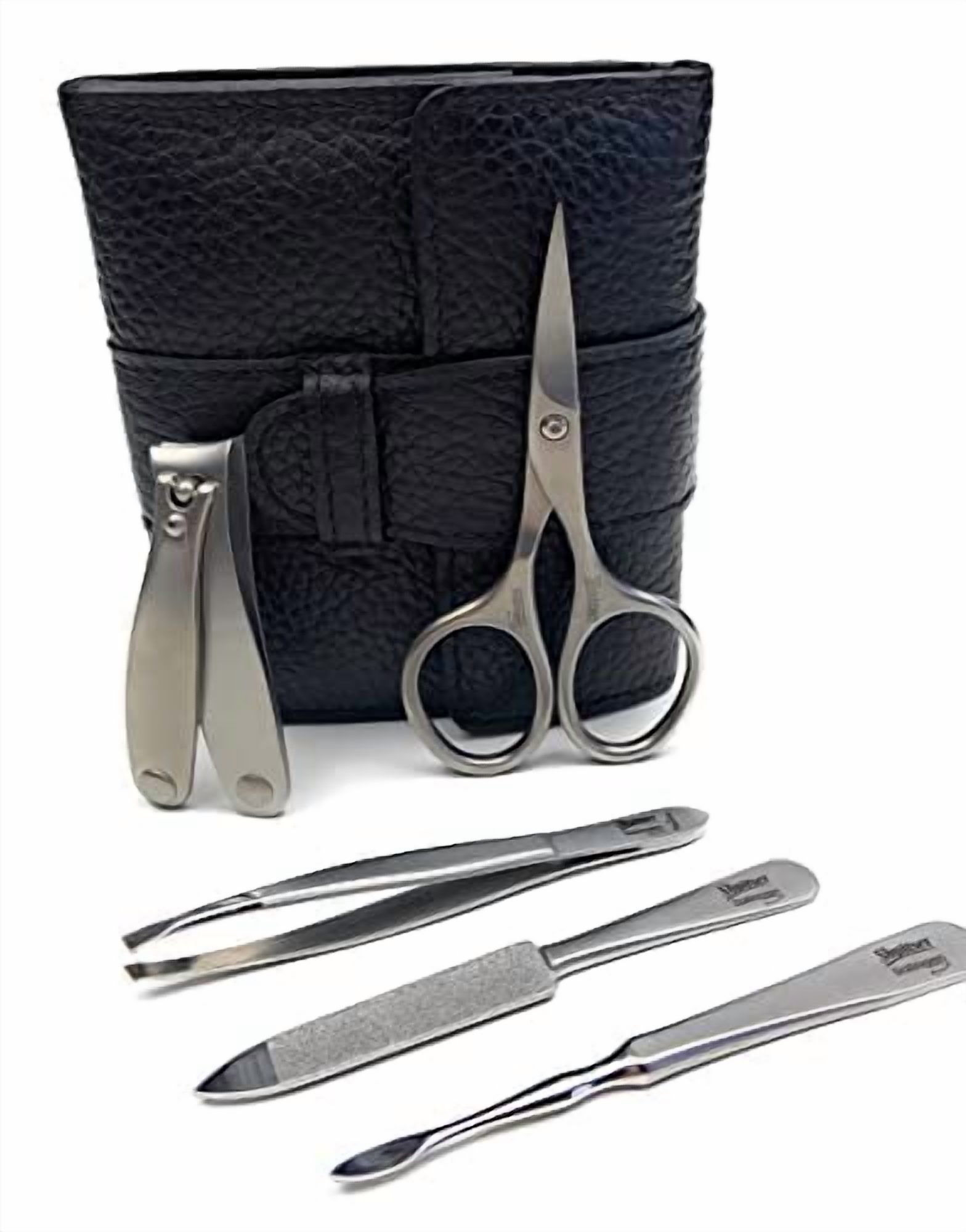 Shpitser Nail Kit, Manicure and Pedicure Women Set of 5 tools: Scissors, Clipper, Tweezers, Nail Cleaner, Nail File, Made of Sturdy Stainless Steel, In Italian Leather Case, Made in Germany (Black)