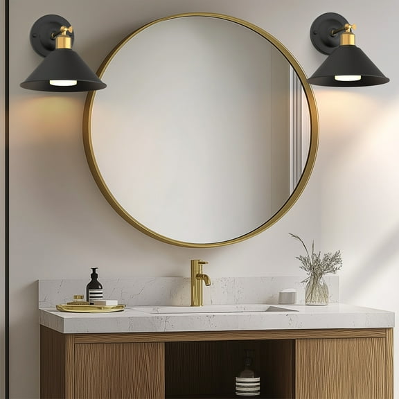 YANSUN 2 Pack Wall Light - E26 Socket Black Gold Wall Lamp with Detachable LED Bulb, Horn-Shaped Cover, No Wiring Needed, Vintage Edison Style