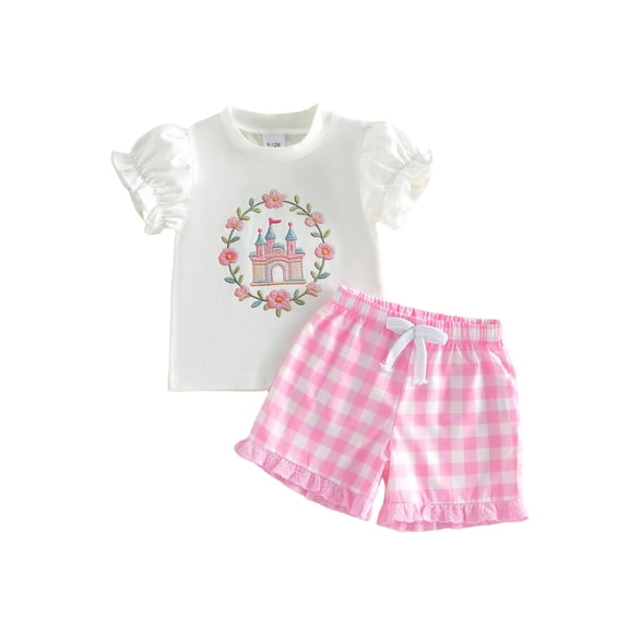 BemeyourBBs Kids Toddler Baby Girls Summer Clothes Infant Baby Girl Princess Castle Outfit Puff Short Sleeve Crew Neck Embroidery Flower Castle T-shirt With Plaid Shorts Set Summer Outfit