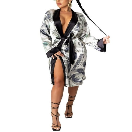 

Womens Satin Robe nightgown Trendy Dollar Print Long Sleeve Silky Kimono Bathrobe Sleepwear with Belt