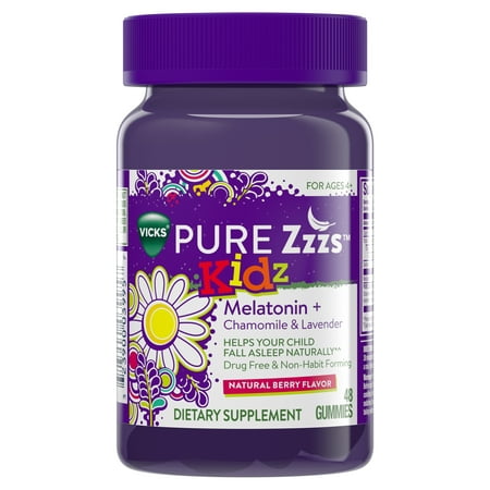 Vicks PURE Zzzs Kidz Melatonin Lavender & Chamomile Sleep Aid Gummies for Kids & Children, Natural Berry Flavor, 0.5mg per gummy, 48