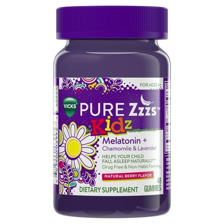 - Vicks PURE Zzzs Kidz Melatonin Lavender & Chamomile Sleep Aid Gummies for Kids & Children, Natural Berry Flavor, 0.5mg per gummy, 48 Count