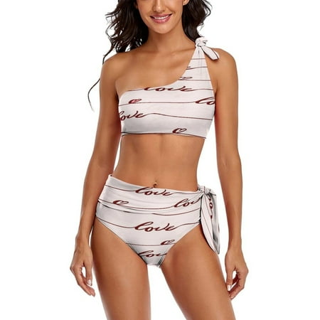 Love Letter Heart Pattern Pink One Shoulder Bowknot Swimsuit Two Piece Swimsuit Knot Crop Top Bikini High Waisted Bathing Suit