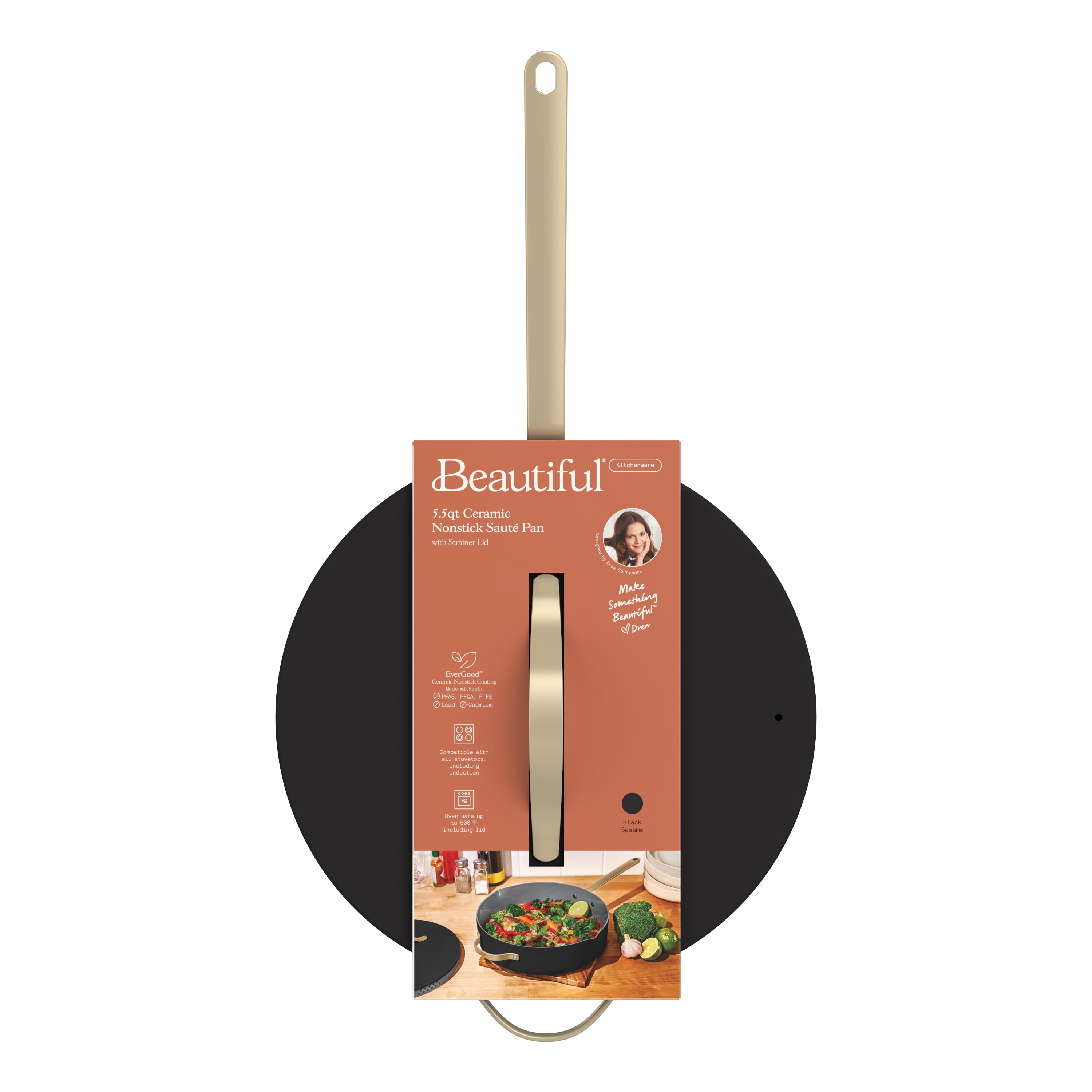 Beautiful 5.5 Quart Ceramic Non-Stick Sauté Pan with Strainer Lid