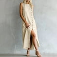 thumbnail image 7 of Guieoi Summer Dresses for Women under $10 Plus Size Decorative Button Cotton-Linen Loose-Fit Sleeveless Slit Hem Maxi Dress Beige XL, 7 of 7