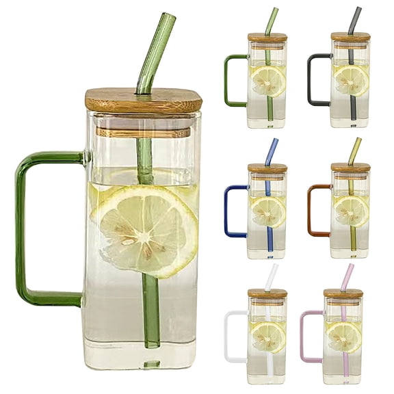 Queroig Square Glass Tumbler with Handle And Lid 380ml Transparent Coffee Cup Portable Tea Milk Jar for Hot Cold Drinks