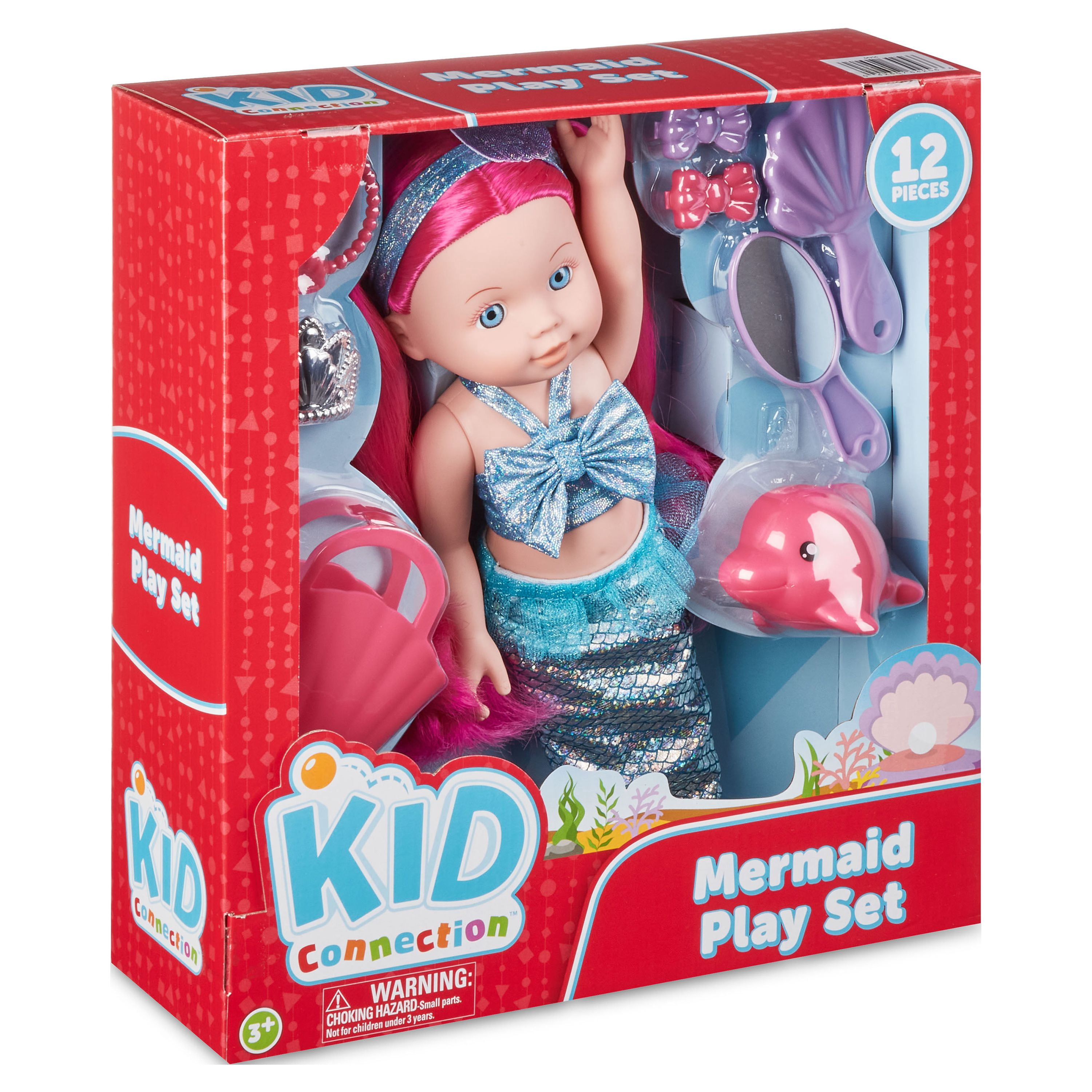 Kid Connection Mermaid Baby Doll Play Set, Blue Eyes, Pink Hair, Light Skin Tone