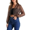 thumbnail image 4 of Allegra K Blouson pour Femmes Manches Longues Crop en Maille Transparente m Marron, 4 of 6