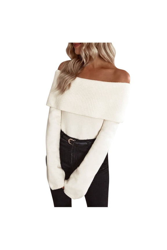 Womens Solid Off Shoulder Sweater Long Sleeve Knitted Cropped Trendy Pullover Slouchy Fold Over Jumper Tops