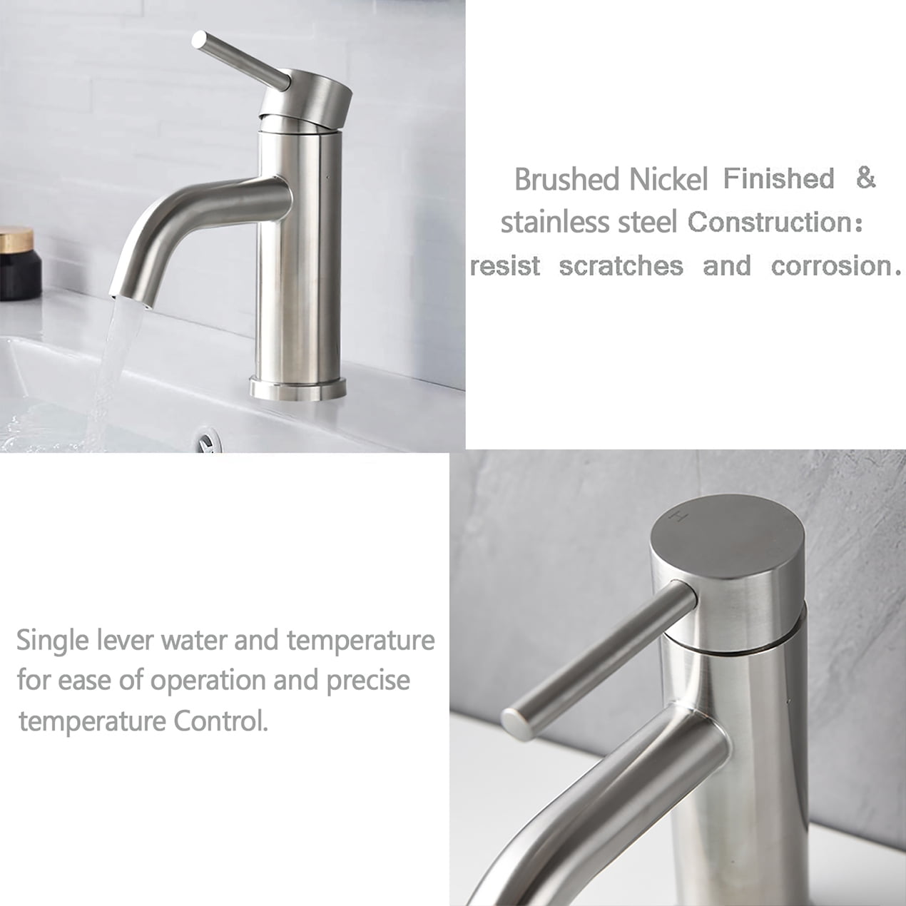Lisonu Modern Waterfall Bathroom Faucet, Single Hole Vanity Faucet in Brushed Nickel, ADA Compliant Stainless Steel, 6.57" High