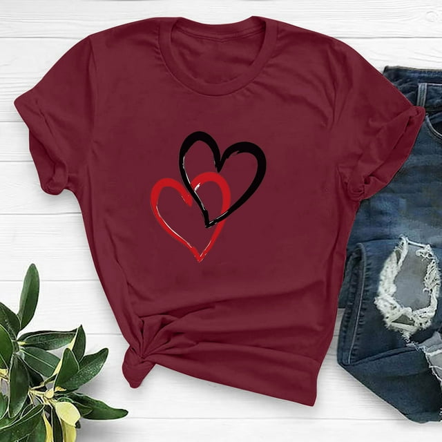 QIPOPIQ T-Shirts Graphiques pour Femmes Saint-Valentin Manches Courtes Chemises Imprimées Cœur Blouse Tops Liquidation