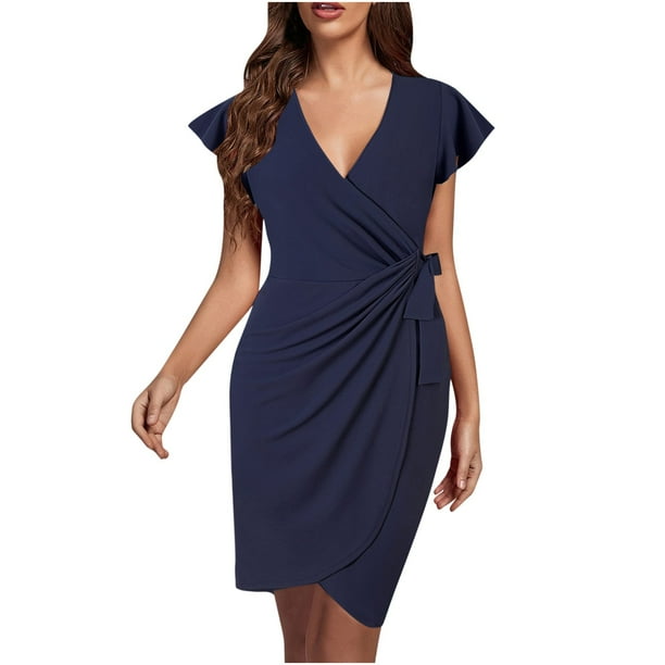 Vestido cruzado de imitación para mujer con cuello en V profundo y manga con volantes Fridja hj3560