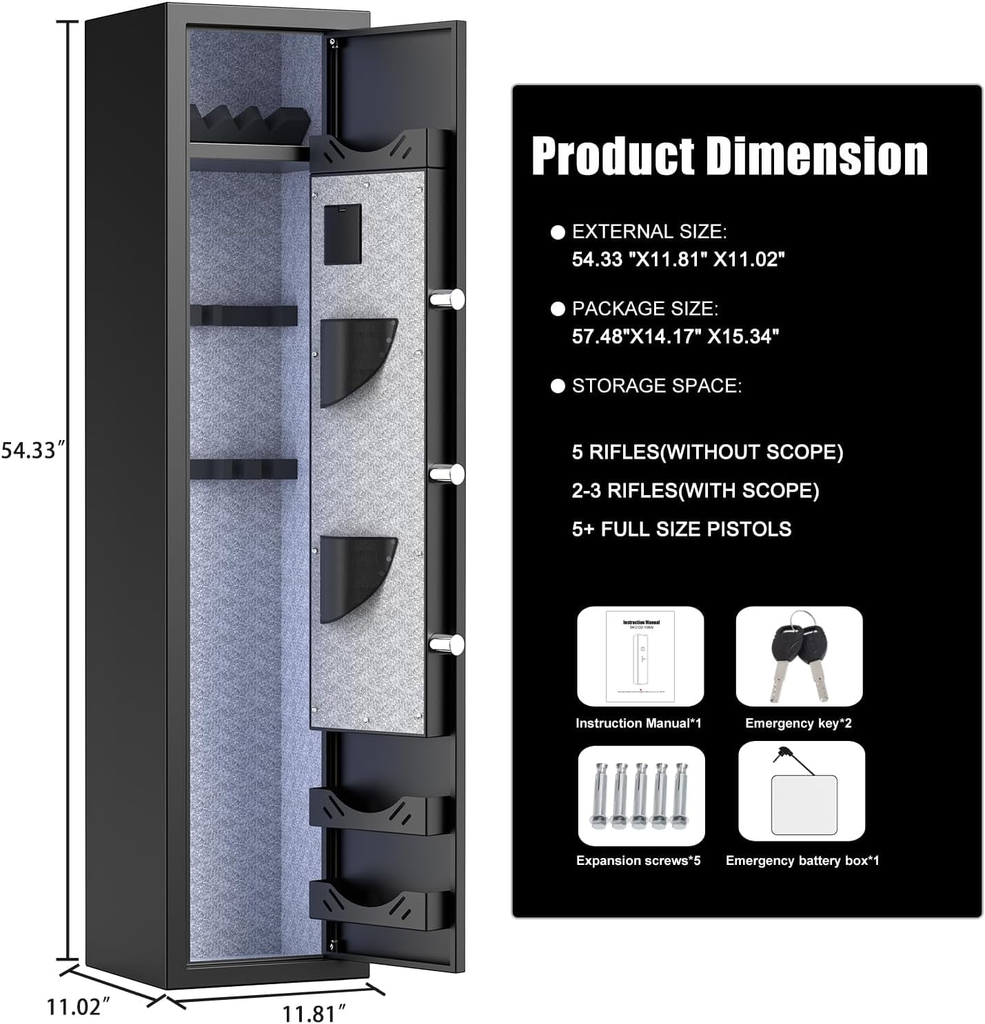 Riflevault High Tech Intelligent 5 Gun Safe with Dual Alarm System, 11.02" x 11.81" x 54.33", Steel