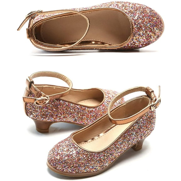 Girls Mary Jane Glitter Shoes Low Heel Princess Flower Wedding Party Dress Pump Shoes for Kids Toddler