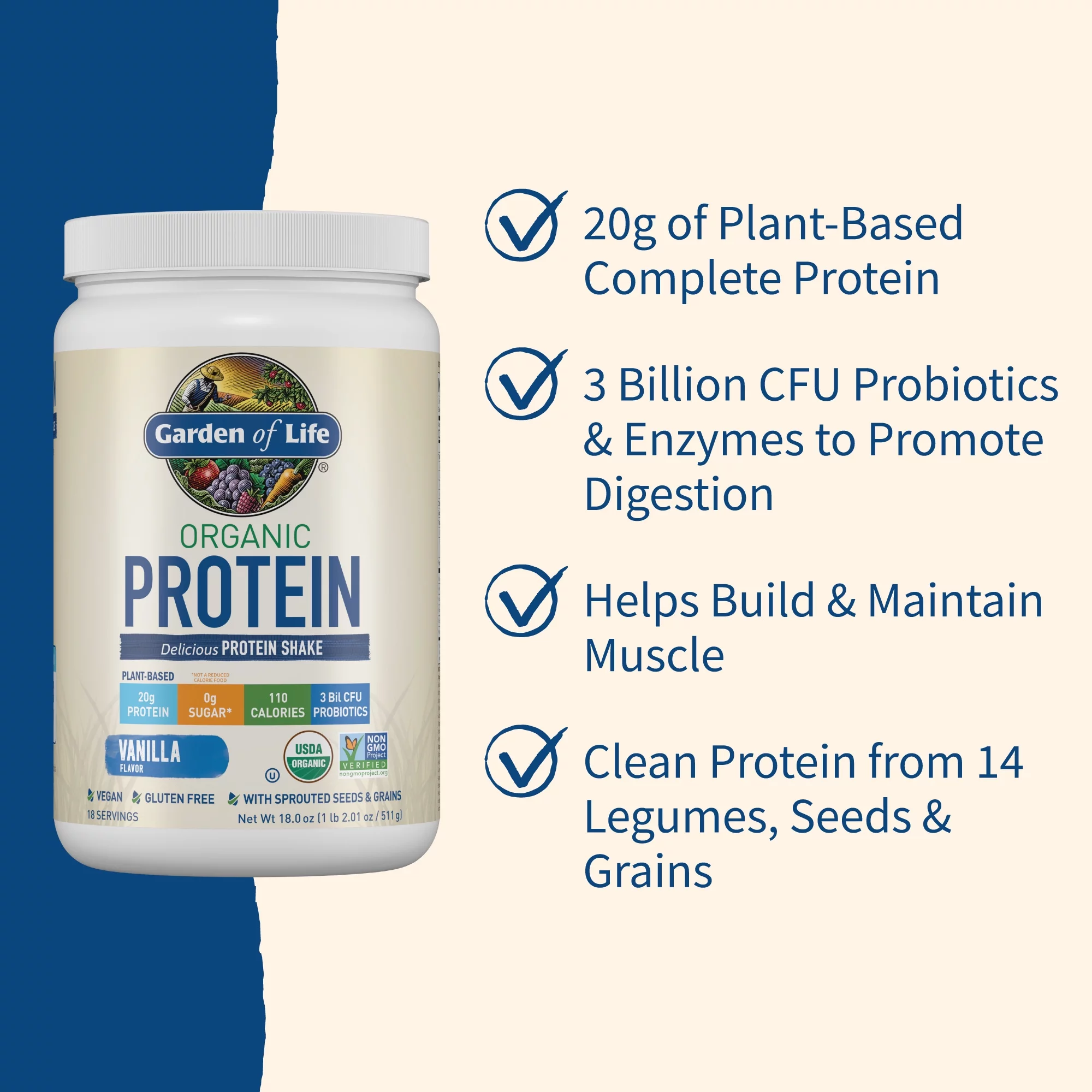 Garden of Life Organic Plant-Based Protein Powder, Vanilla, 20g Protein Shake Drink, Vegan, Probiotics, Digestive Enzymes, 19.05oz​