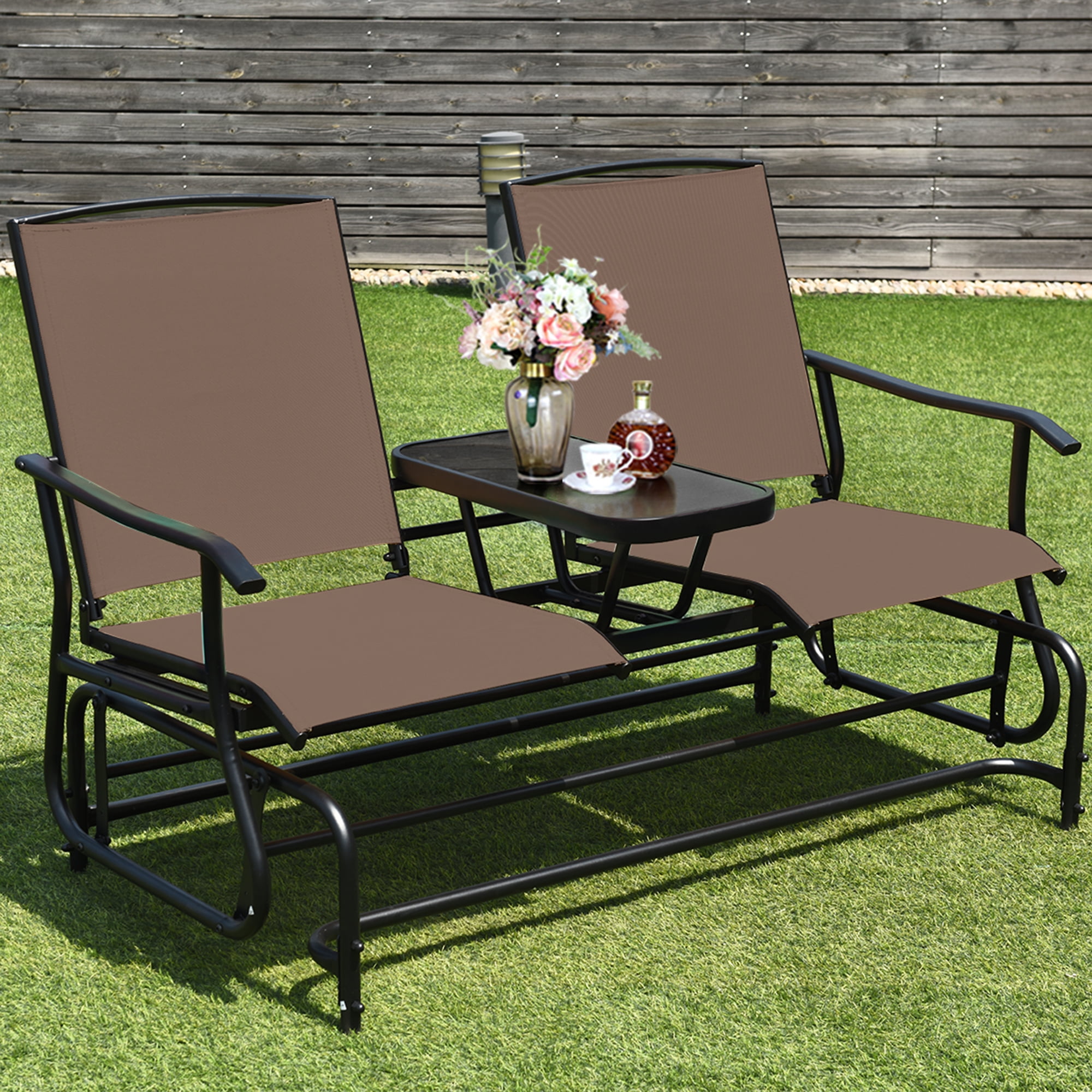 Costway 2 person patio double glider loveseat rocking with center table hotsell