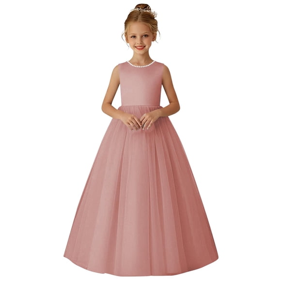 Girls Christmas Party Dress Style Solid Color Sleeveless Mesh Birthday Dress with Round Neck, Soft Polyester Blend for Summer and Holiday Celebrations
