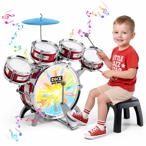 Funvip Kids Drum Set for Toddler 1-3 Years, Jazz Drum Toys with Chair, Beginner Christmas Birthday Gifts for Aged 2-6