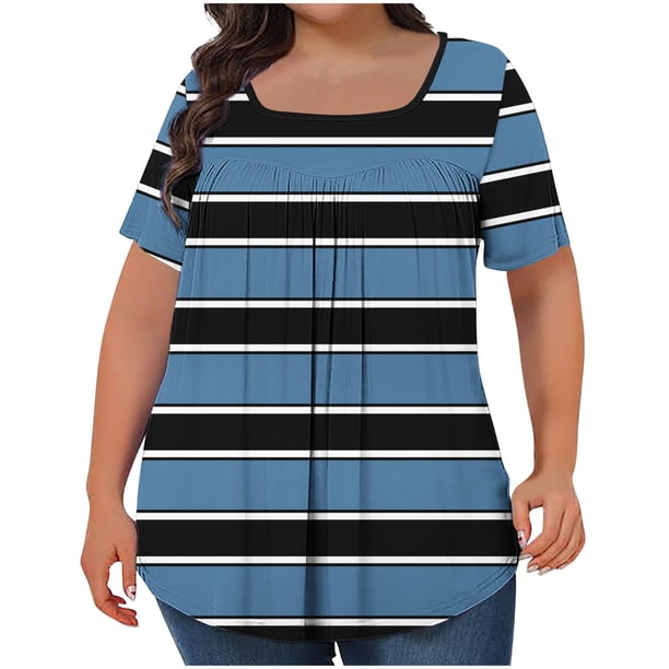 Tops Cortos para las Mujeres Impreso Cuello de Gran Tamaño Plisado Manga Corta Suelta Superior en Tamaños Más L-5xl