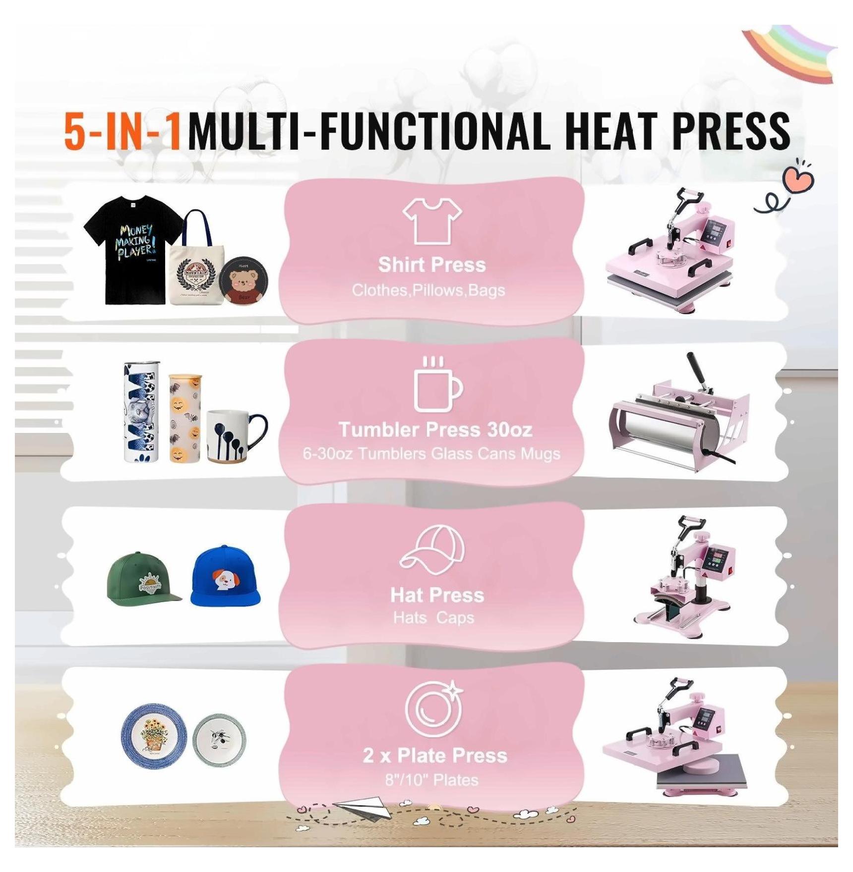 Heat Press Machine 15x15", 5 in 1, 30oz Tumbler Press, for T-Shirts, Hats, Mugs, Pink