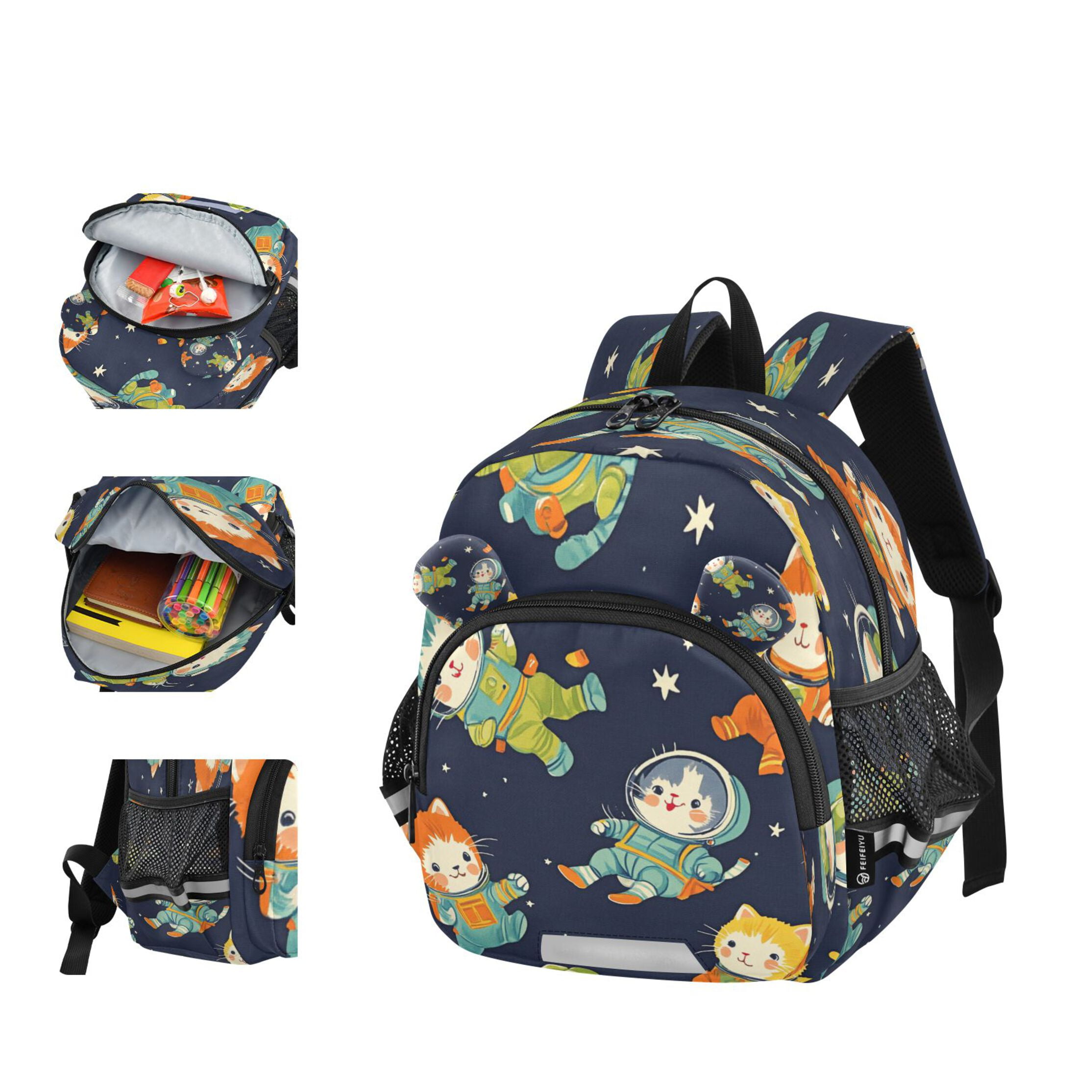 RMDQTR Adorable Ear-Print Backpack with Reflective Strip and Anti-Lost Leash Adjustable Shoulder Straps Mini Travel Backpack Cartoon Cats in Space