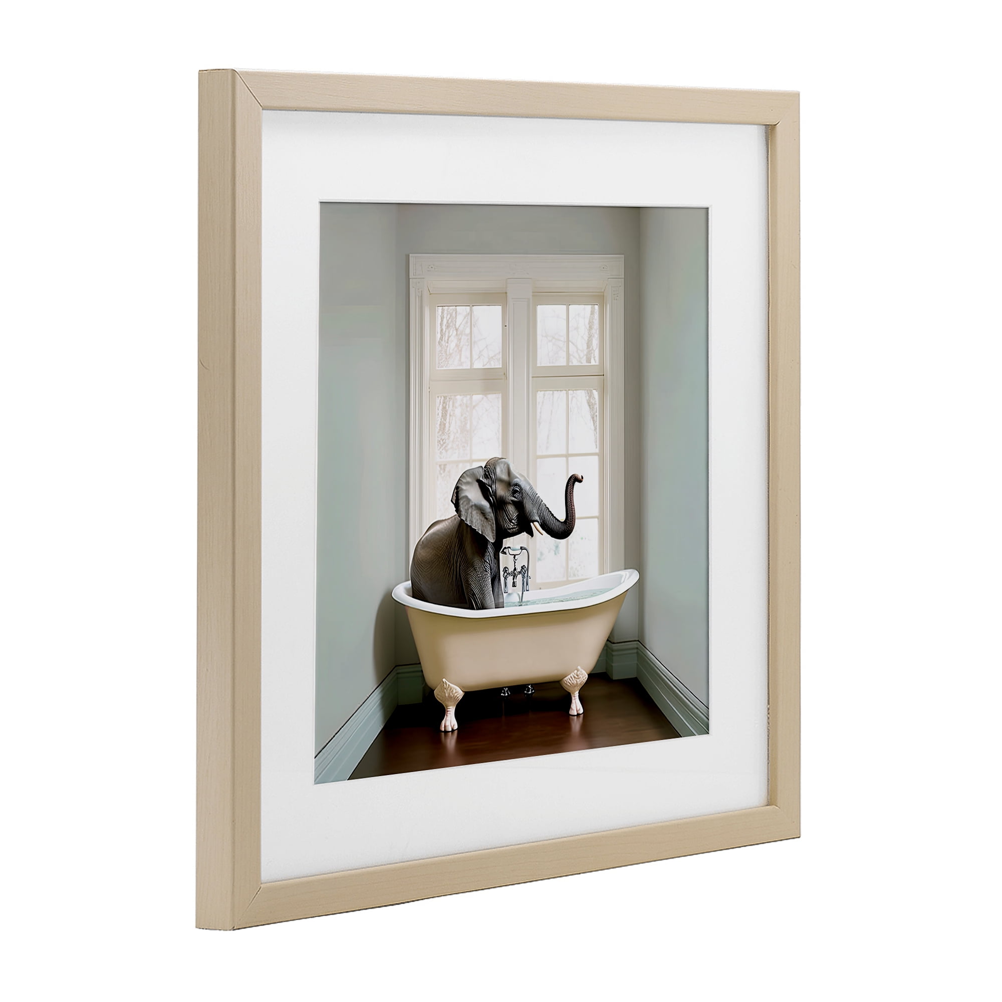 Minimal Elephant Bathtime Birch Framed Print Under Glass, design by Sasha
