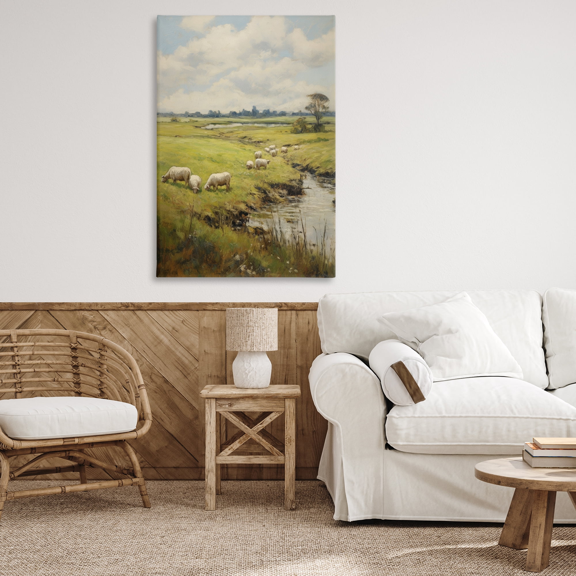 Stupell Industries Grazing Sheep Countryside Landscape Painting Gallery Wrapped Canvas Art Print Wall Art, 30 x 45