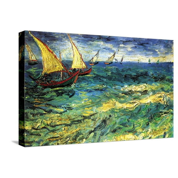 Art.com Seascape with Sailboats Stretched Canvas Print Wall Art by Vincent van Gogh, 24" x 16"