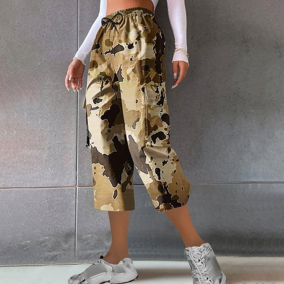 Sakmal 7/8th Capri Cargo Pants Women Wide Leg Pants Fashion Camo Beach Vacation Capris for Women L
