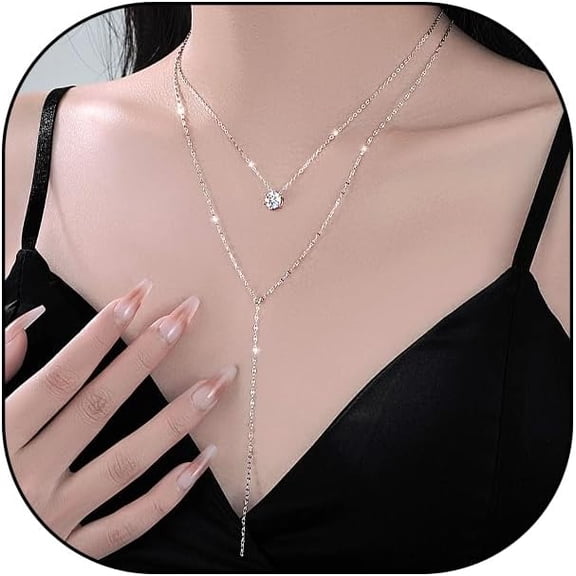 Sparkly Silver Lariat Necklaces for Women Charm Minimalist Crystal Long Thin Chain Link Y Necklace Aesthetic Valentine's Day Jewelry Gifts