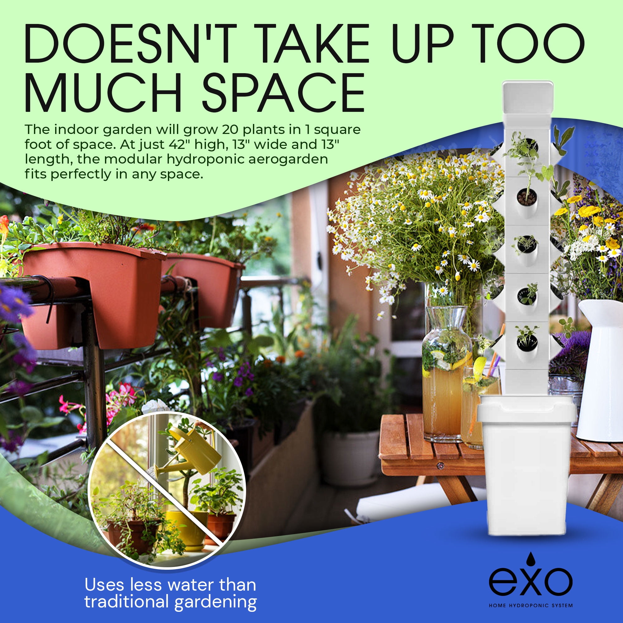 Exo Hydroponics 7 Tier Vertical Garden Planter Tower, Vertical gardening Indoor/outdoor, 28 Stacking Garden Pots, Includes Irrigation Tubing & Water Pump, 100% Money Back Guarantee