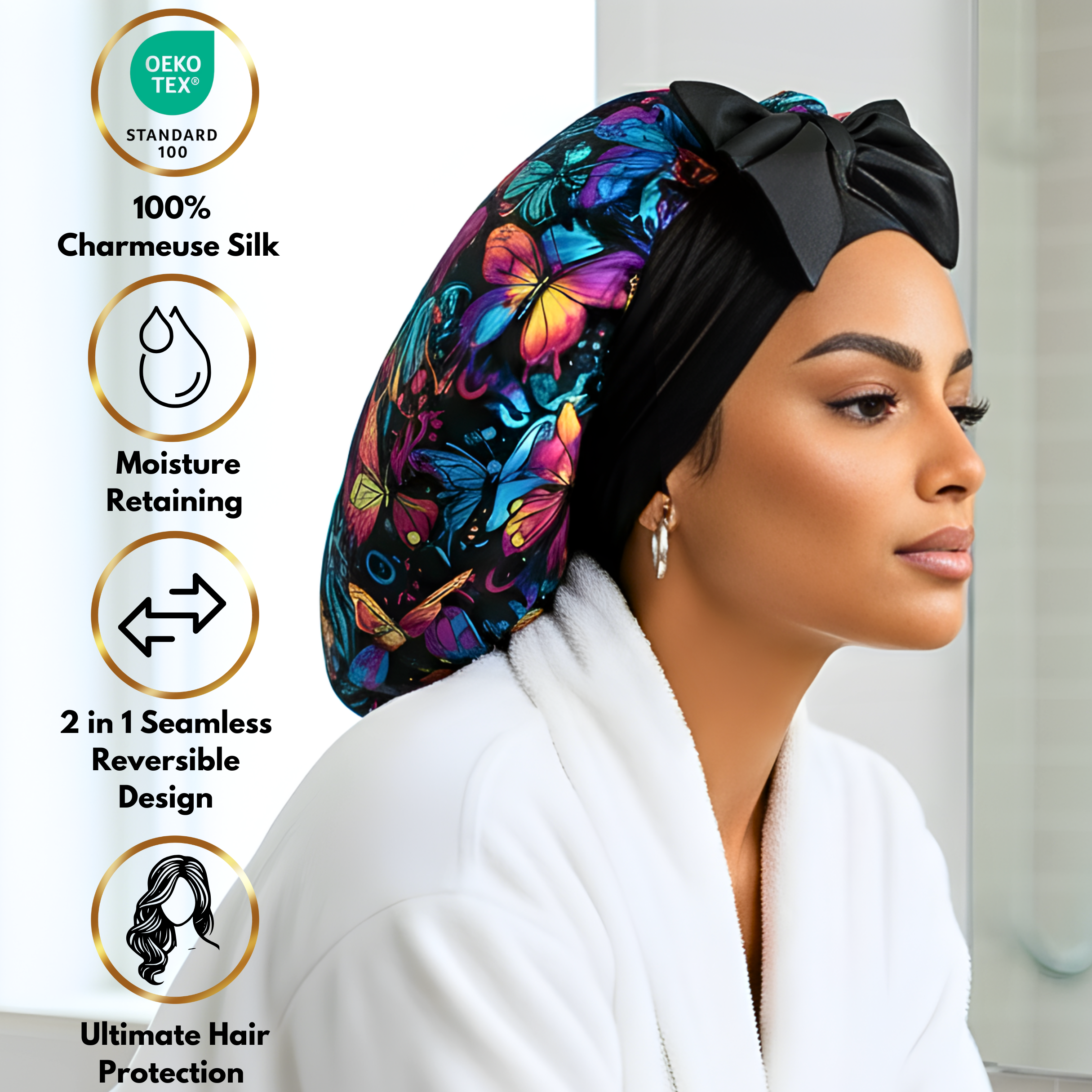 Prince Hair Company XL Premium Charmeuse Silk Sleep Bonnet for Women in Graffiti Butterfly Print