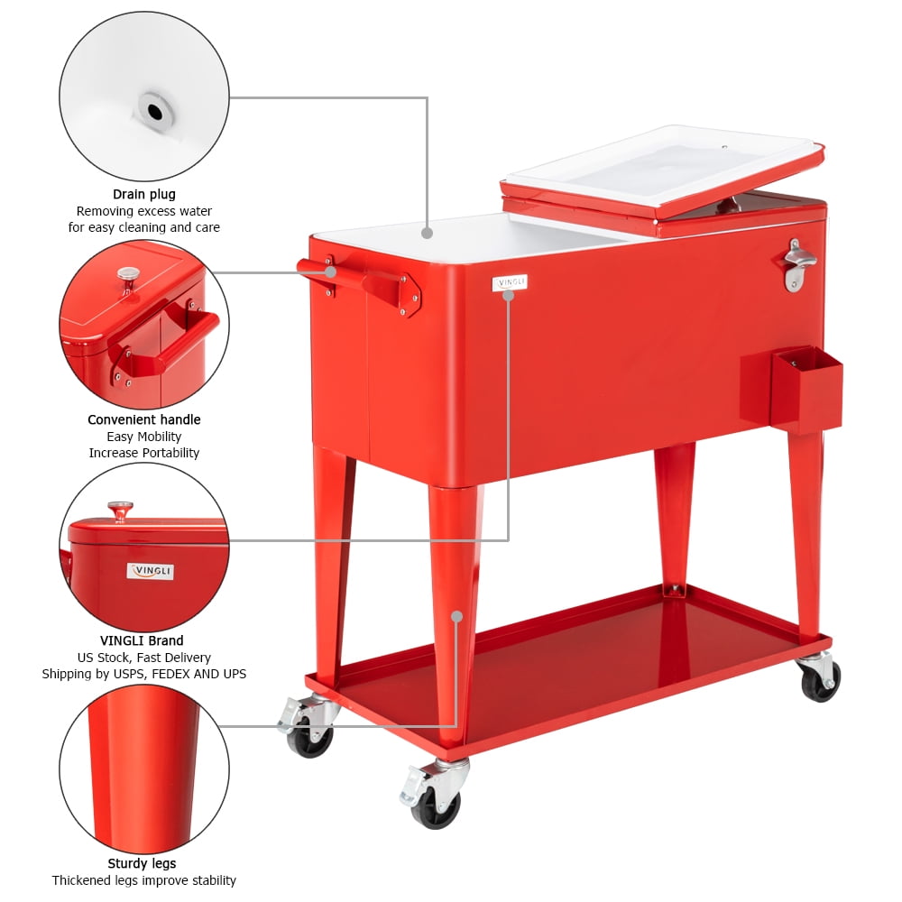 VINGLI 80 Qt Rolling Ice Chest, Patio Cooler with Wheels and Shelf(Red)