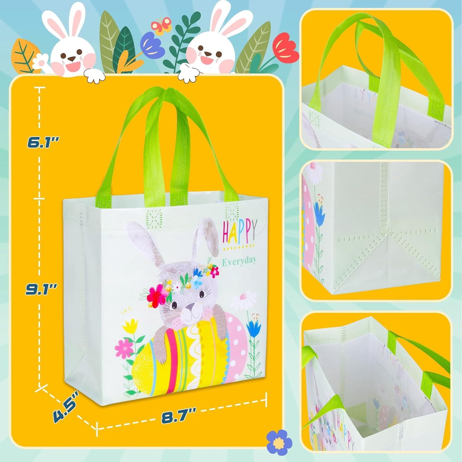 Happy Easter Gift Bags with Handles, Bunny Carrot Chick Designs, Reusable Non-Woven Treat Bags for Party Favors, Gift Wrapping, Easter Basket Container, 9.1x8.7x4.5 inch, 6-Pack