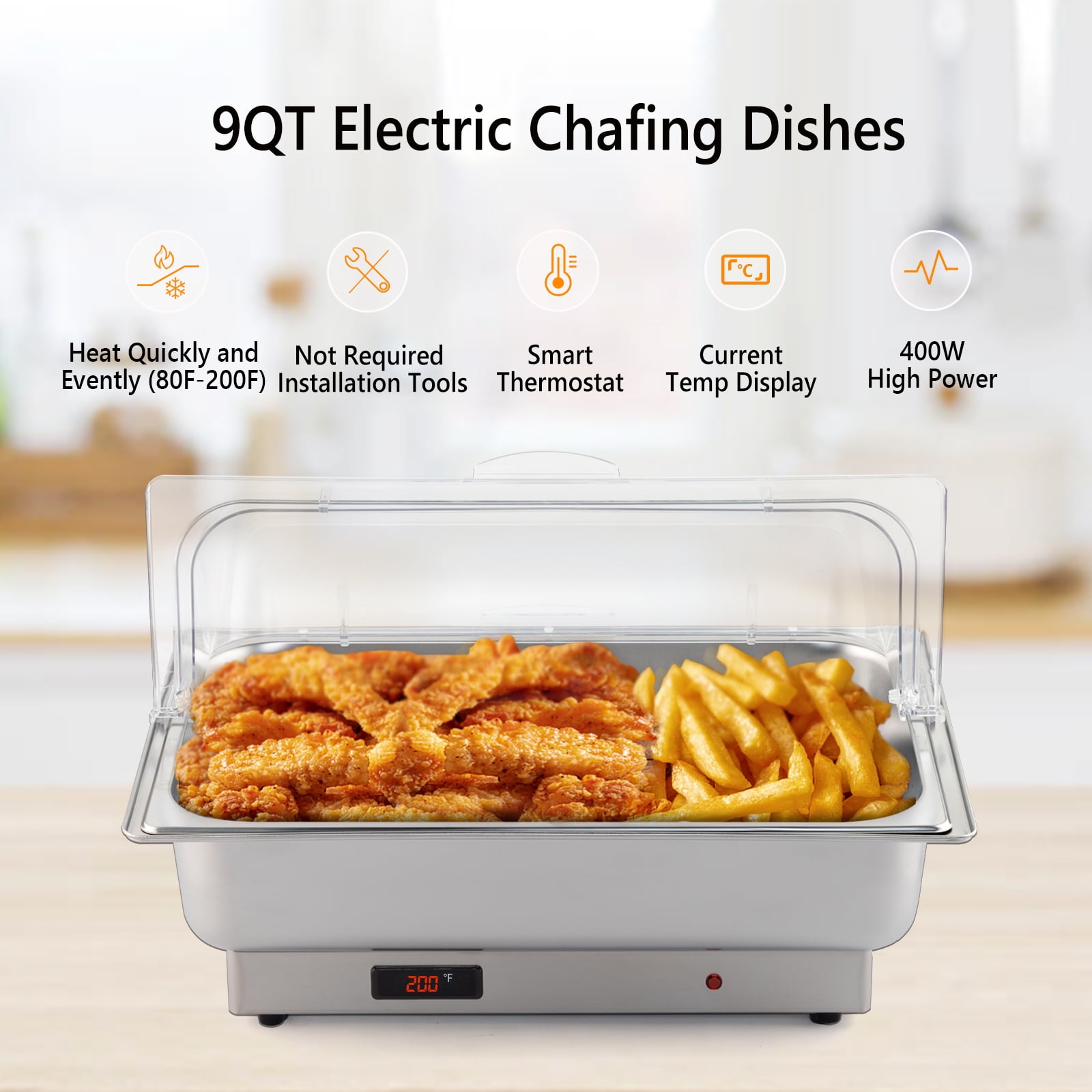 Electric Chafing Dish 9 QT Adjustable 0°C~100°C Roll Top Half Size Auto  ShutOff Stainless Steel Buffet Servers and Warmers, Temp Display  Programmable