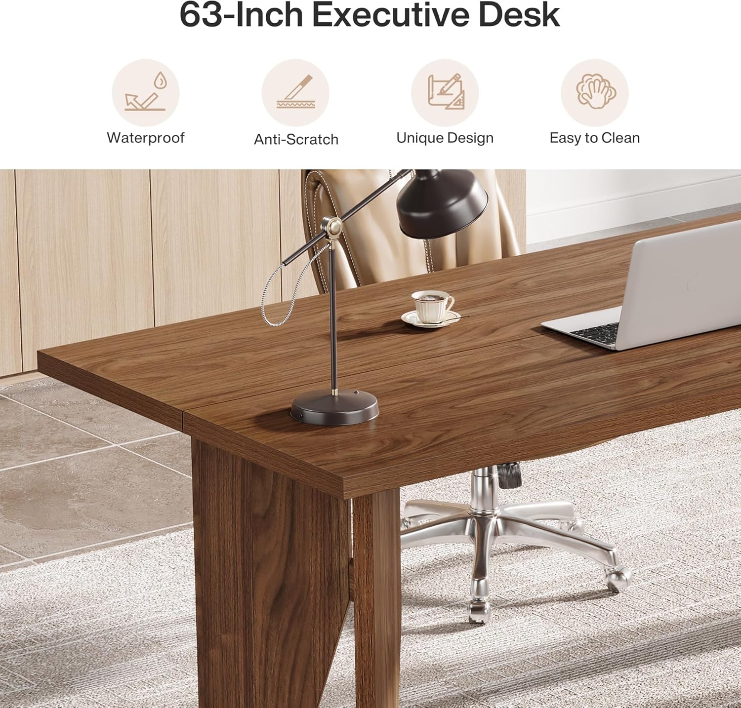Tribesigns 63" Executive Desk, Farmhouse Computer Desk with Sturdy Legs for Home Office, Brown