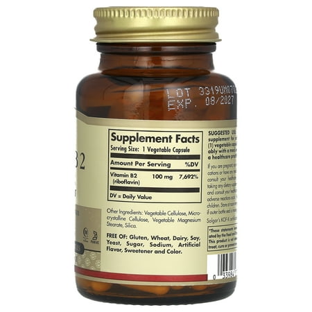 Vitamin B2 (Riboflavin), 100 mg, 100 Vegetable Capsules, Solgar
