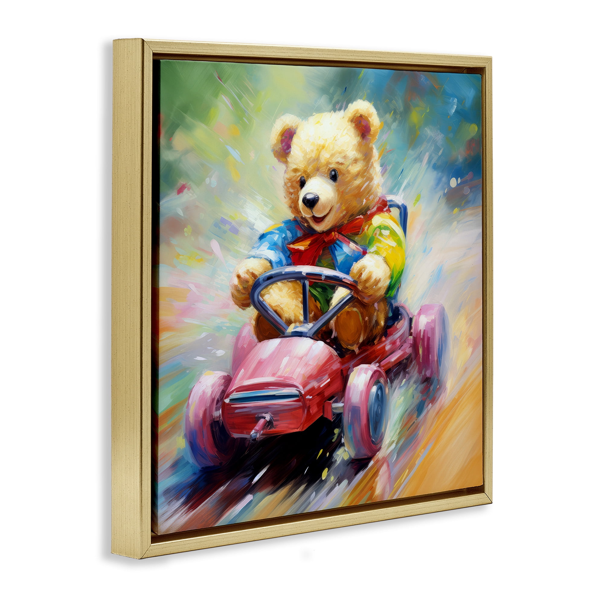 Stupell Industries Teddy Bear on Go Kart Animals & Insects Painting Gold Floater Framed Canvas Art Print Wall Art, 25 x 25