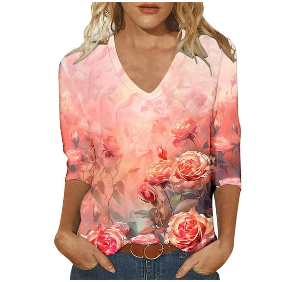 Womens Plus Size Tops Three Quarter Sleeve Blouses for Women Womens Crew Neck Tops Oversized Tshirts for Women Gym Womens Tops