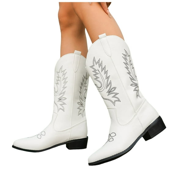 Mostsola Cowboy Boots for Women Wide Mid Calf Boots Retro Embroidery Western Cowgirl Long Boots