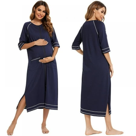 

Women Zipper Robes Full Length Nightgowns Cotton Loose Housecoat Half & 3/4 Sleeve Loungewear with Pockets S-XXL