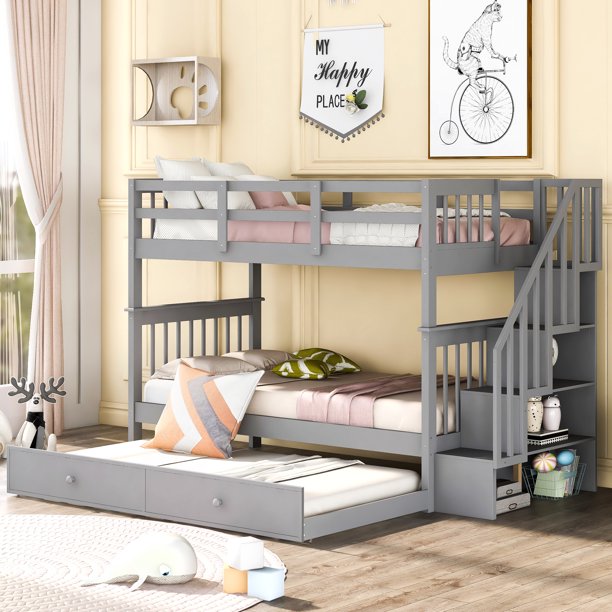 CHURANTY Stairway Twin Over Twin Bunk Bed with Trundle, Staircase and